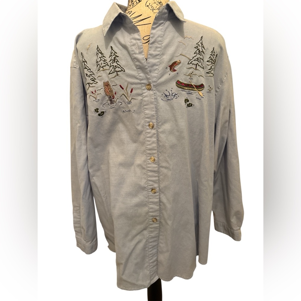 PORTRAITS BY NORTHERN ISLES BLUE CHAMBRAY BUTTON UP  EMBROIDERED CANOE OWL